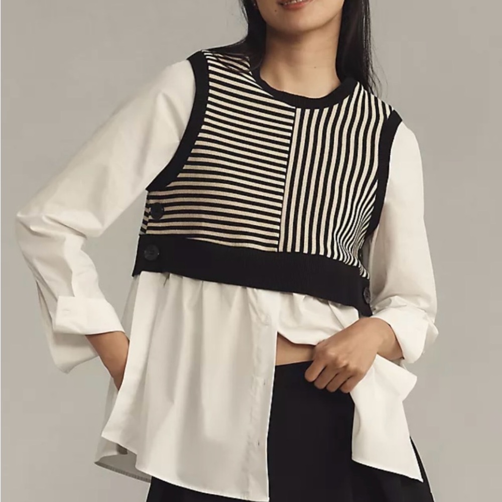 Anthropologie Striped Black and Cream Knit Vest Layered Over White Shirt large